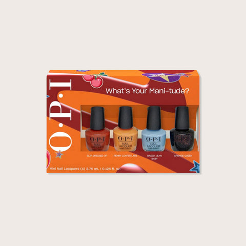 Mini pack de 4 vernis à ongles OPI Verni Automne 2025, couleurs variées, dans un ensemble compact pour la beauté des ongles.