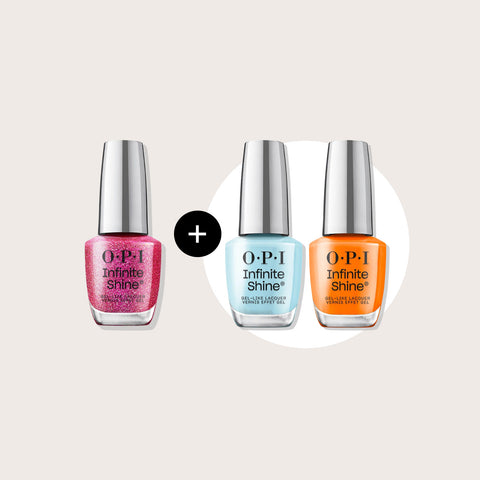 Offre OPI : deux vernis Infinite Shine avec un vernis gratuit, affichés côte à côte dans l'image.