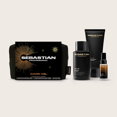 Shampooing et revitalisant Sebastian Dark Oil pour cheveux, coffret de fêtes, 250 ml chacun, produits capillaires nourrissants.