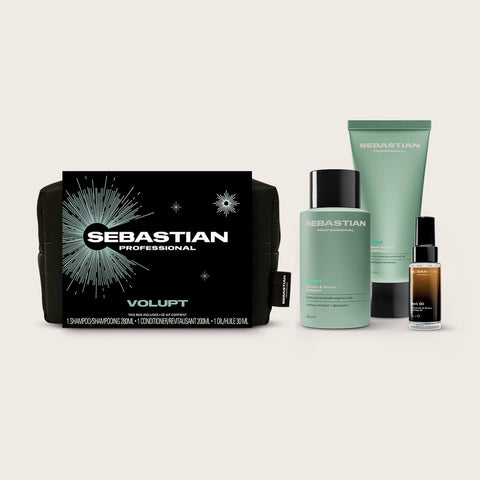 Shampooing et revitalisant Sebastian Volupt pour cheveux, coffret de fêtes, flacons de 250 ml avec packaging élégant.