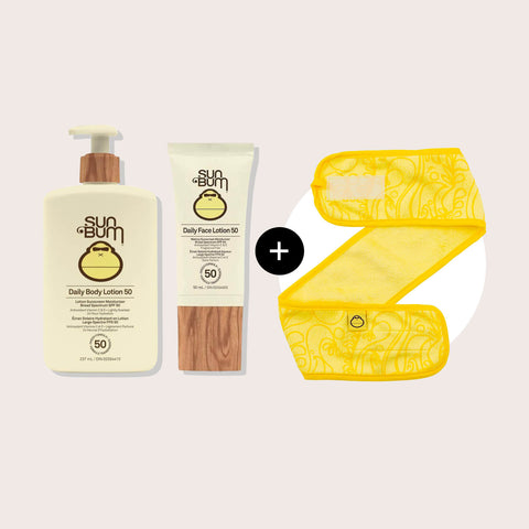 Offre Sun Bum : lotion solaire et bandeau gratuit, affichage de la lotion solaire Sun Bum en tube avec bandeau assorti.