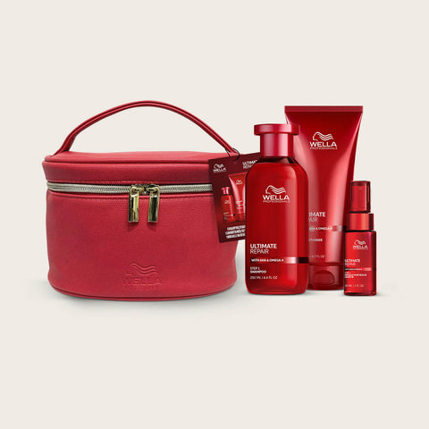 Coffret Wella Professionnals Ultimate Repair avec outils de soins capillaires pour cheveux abîmés en édition festive.