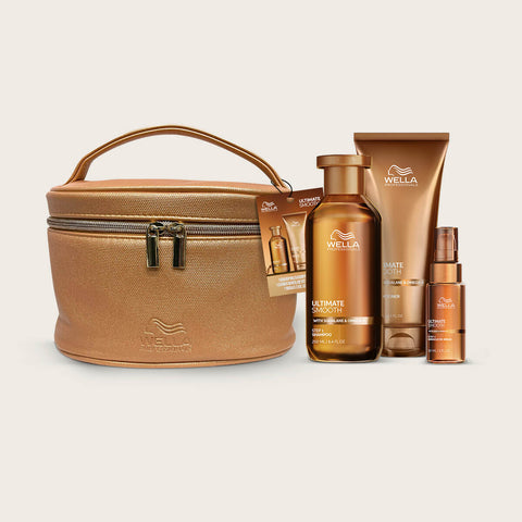 Coffret Wella Professionnals Ultimate Smooth, kit de soins capillaires pour cheveux lisses et brillants, contenant des outils et produits.